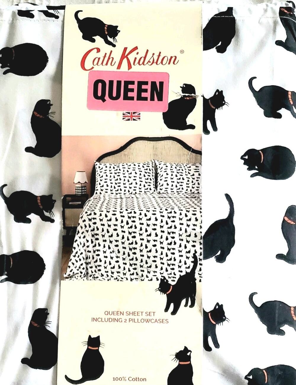 Cath Kidston Black Cats Queen Sheet Set New 100% Cotton Percale Halloween Cat